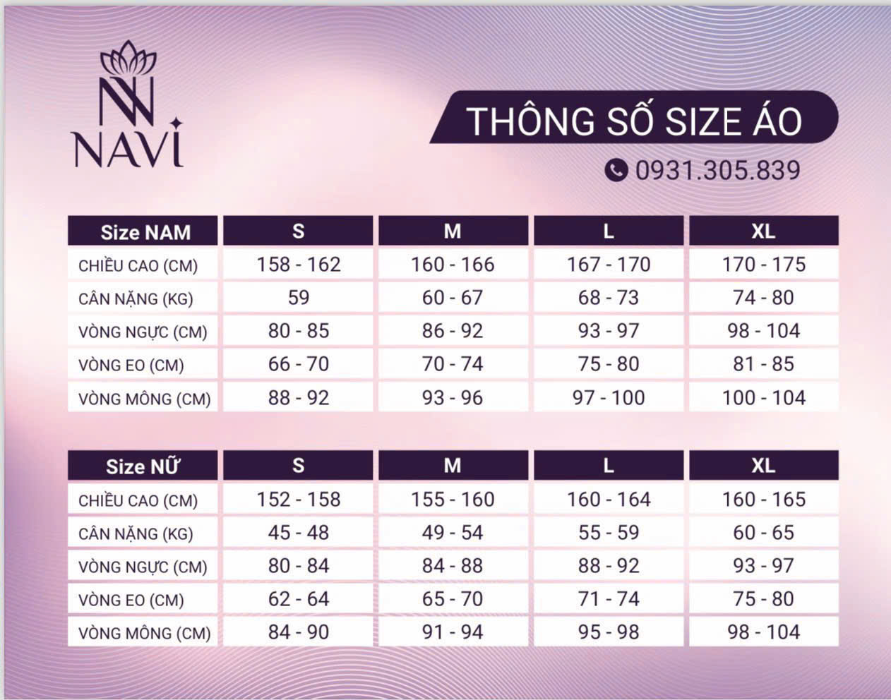 Size trang phục thẩm mỹ, y tế Navi